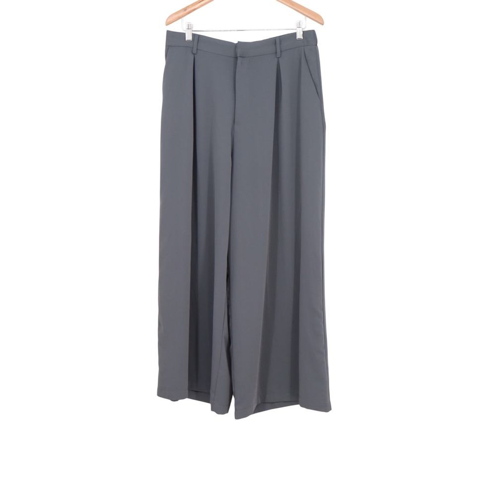 Tronjori Gray Wide Leg High Waisted Pleated Trousers XL Elastic Palazzo Pants